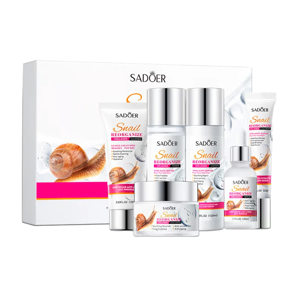Kit anti arrugas sadoer, tónico reparador de 120ml, limpiador facial de 100g, suero reparador de 30ml, crema facial de 50g, crema de ojos de 20g y loción reparadora de 120ml, con extracto de colágeno y baba de caracol / sd51230