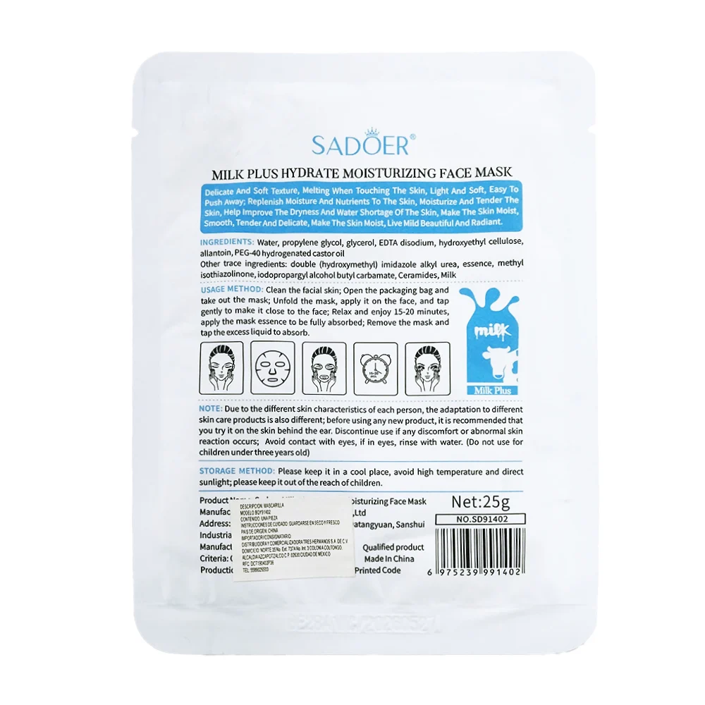 1pza Mascarilla facial hidratante con extracto de leche 25g / ceramide / sadoer
