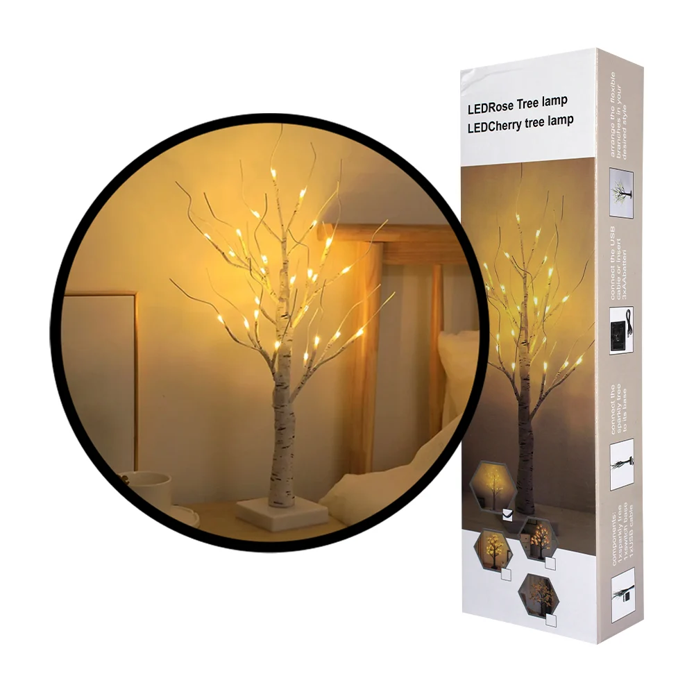 Lámpara usb decorativa en forma de árbol blanco con foquitos led de luz cálida y base cuadrada / led162