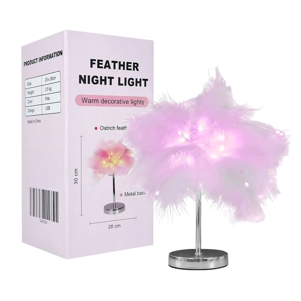 Lámpara usb decorativa de plumas con luz cálida y base metálica, variedad de colores 30x28cm / feather night light