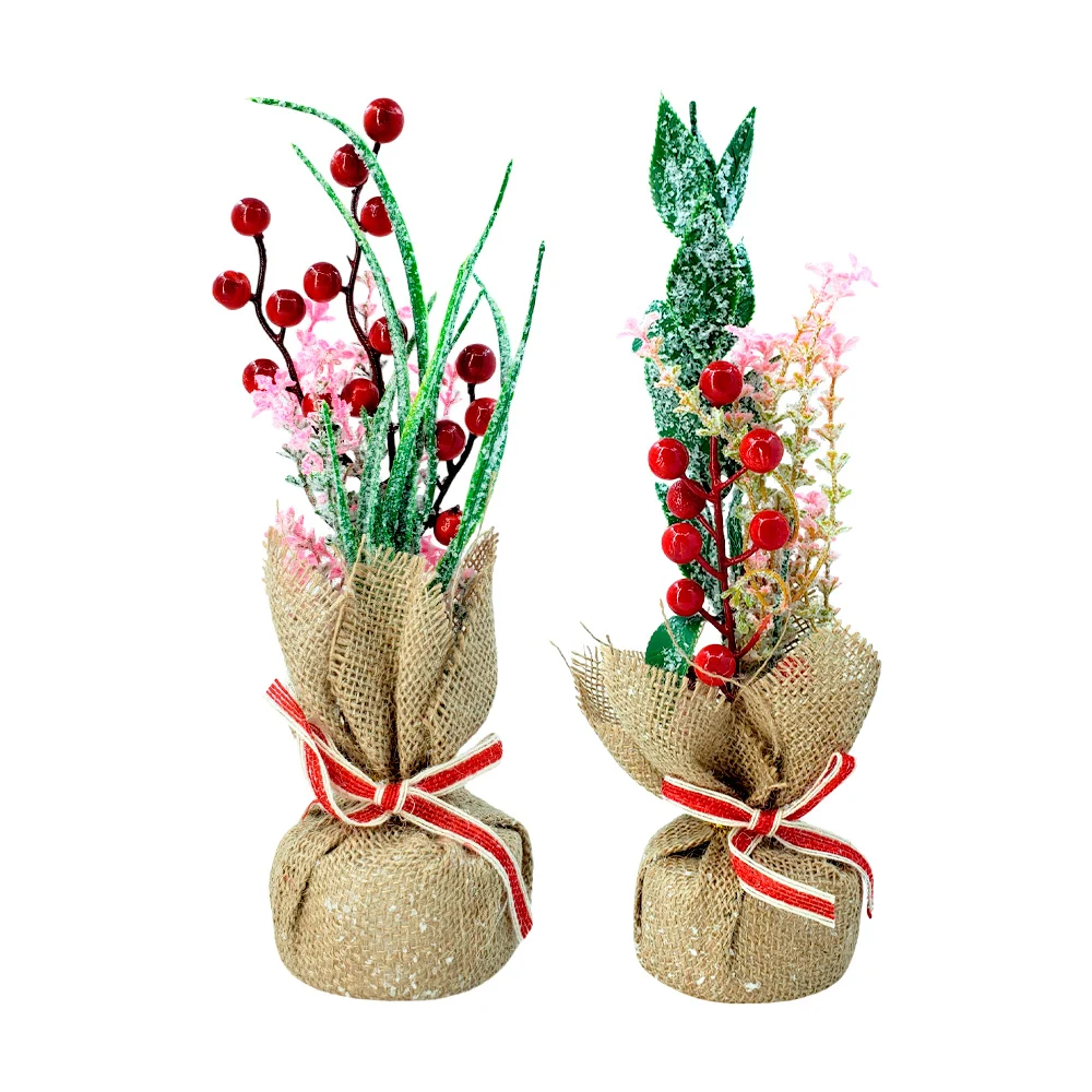 Mini árbol pino para decoración navideña con base de yute + diseño de frutos, granadas, flores y ramas nevadas 30cm, variedad de diseños / sdh8428