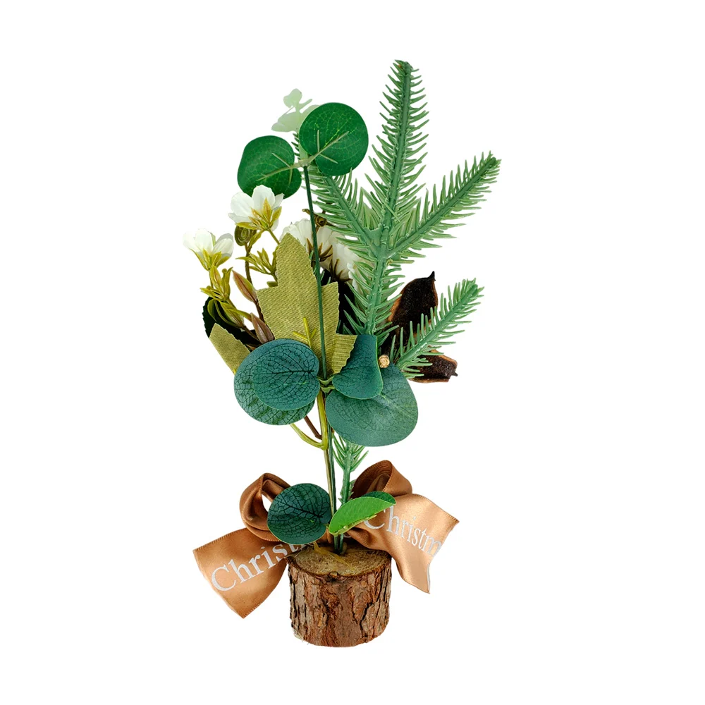 Mini árbol pino de navidad para decoración de escritorio con base de madera y diseño de frutos nevados, granadas o flores 27cm, variedad de diseños / sds310