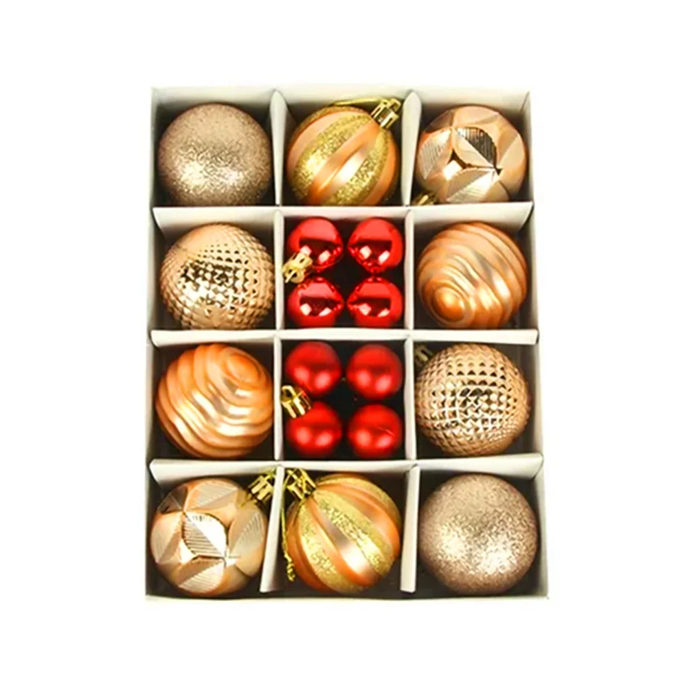 Caja con 26 esferas navideñas, 10 esferas grandes y 16 mini con diseño metálico, diamantado y de relieve, variedad de colores / sds4157