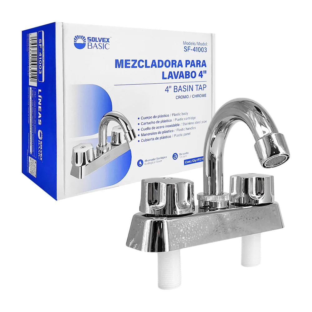 Llave mezcladora solvex basic de 4 pulgadas y acero inoxidable para lavabo / sf-41003
