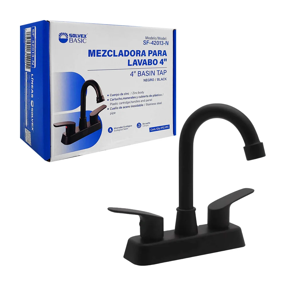 Mezcladora para lavabo solvex color negro de 4 pulgadas con cuerpo de zinc y cuello de acero inoxidable / sf-42013-n