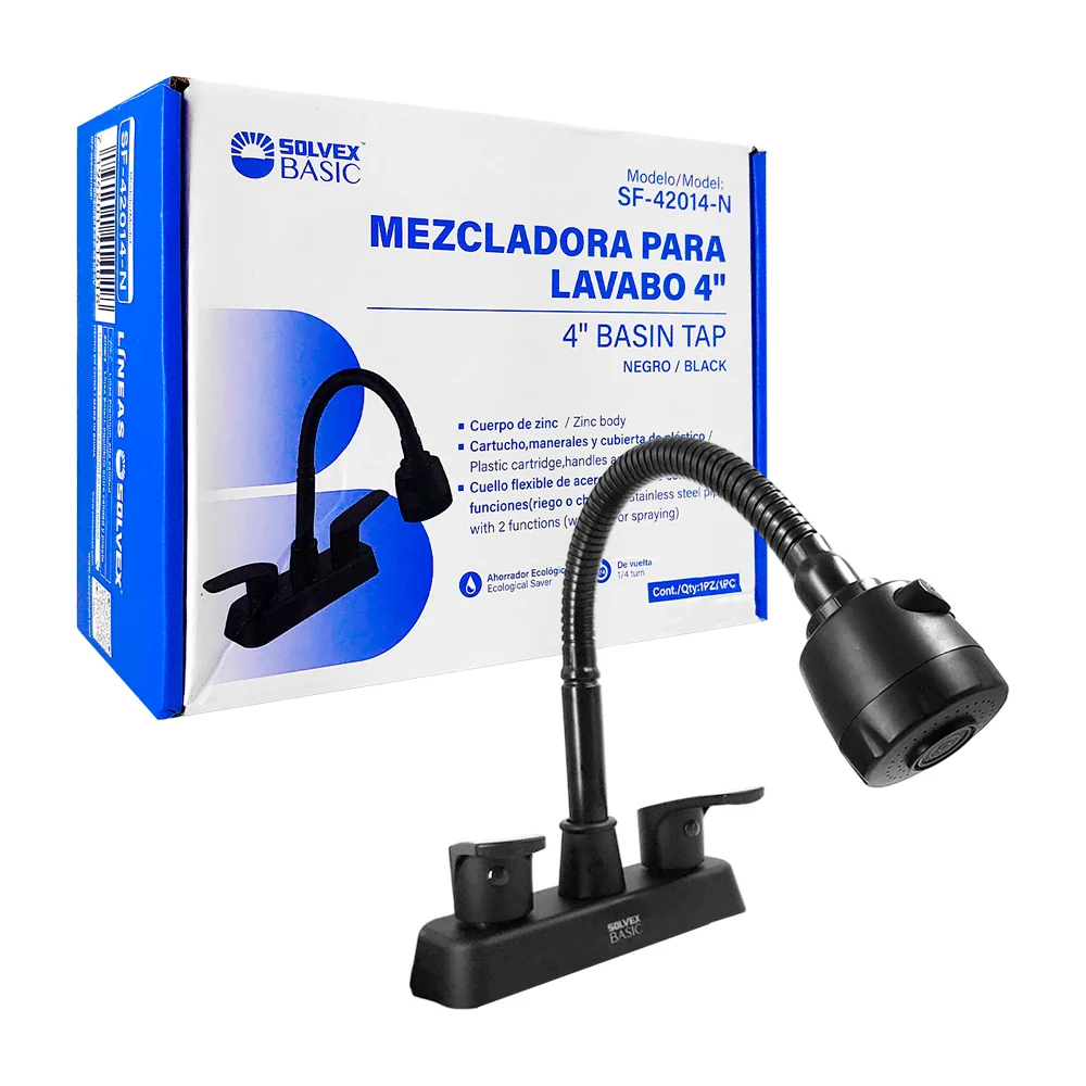 Mezcladora solvex de 4 pulgadas para lavabo, negra, con cuello flexible / sf-42014-n