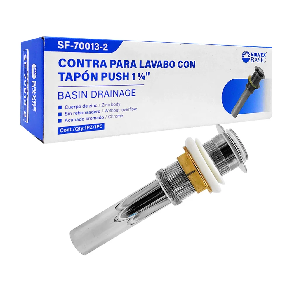 Contra metálico solvex basic con tapón push y boquilla de 1 1/4 pulgada para lavabo / sf-70013-2