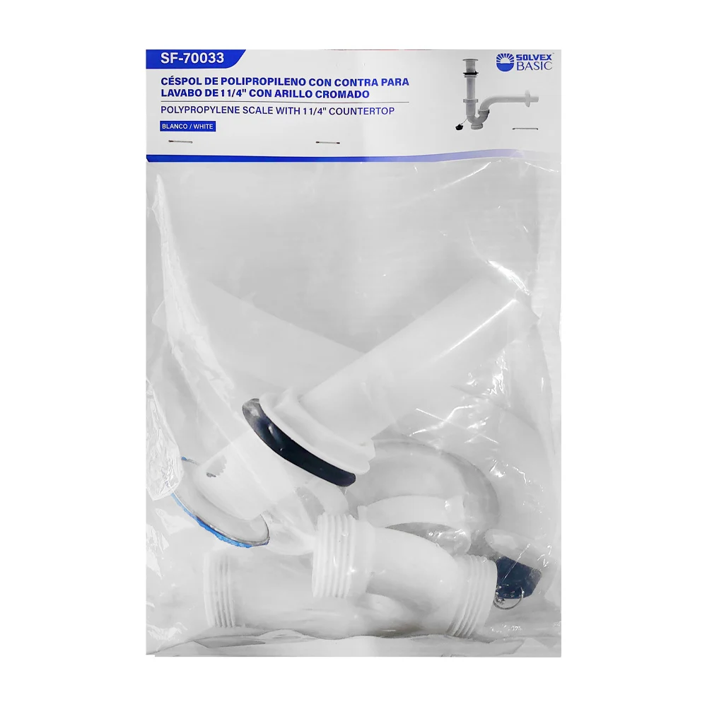 Céspol de polipropileno con contra para lavabo de 1 1/4 pulgada, arillo cromado y tapón / solvex basic / sf-70033