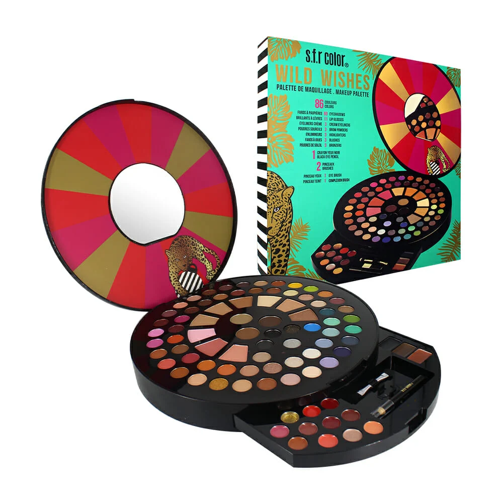 Paleta estuche redondo s.f.r color wild wishes con 60 sombras de ojos, 11 brillos de labios, 3 delineadores en crema, 3 iluminadores, 3 rubores, 3 bronceadores, lápiz color negro para ojos y brocha doble