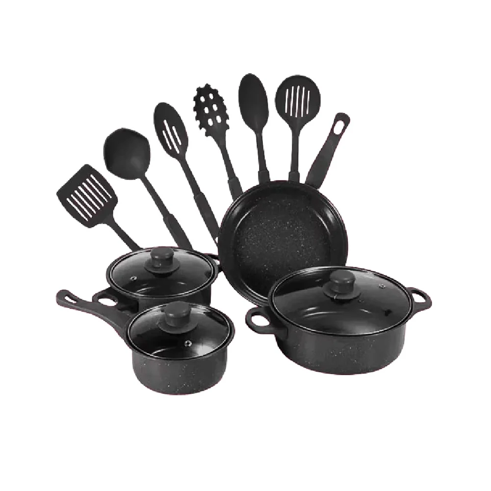 Kit de cocina con 13 piezas con 6 utensilios para cocina, 1 sarten de 22cm, 1 cacerola tapada de 18cm, 1 cacelora con tapa de 22cm, y 1 olla para la leche con tapa de 16cm