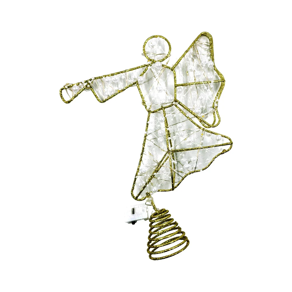 Angel metálico con diamantina, perlas y serie led para decoración de punta de árbol de navidad, 25cm / sh1582