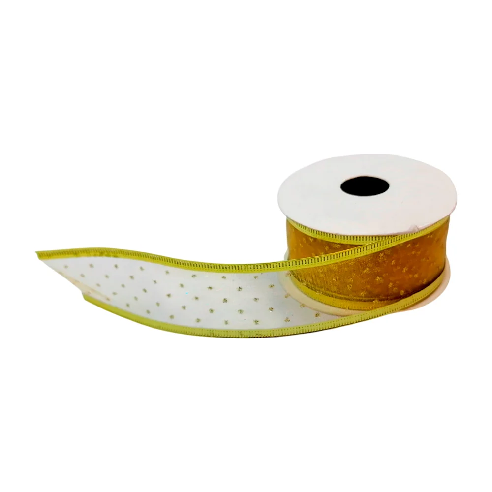 1pza Rollo de listón navideño en color dorado con estampados navideños o con diamantina, 3.5cm de grosor, variedad de diseños / sh1636 / ln70-b04