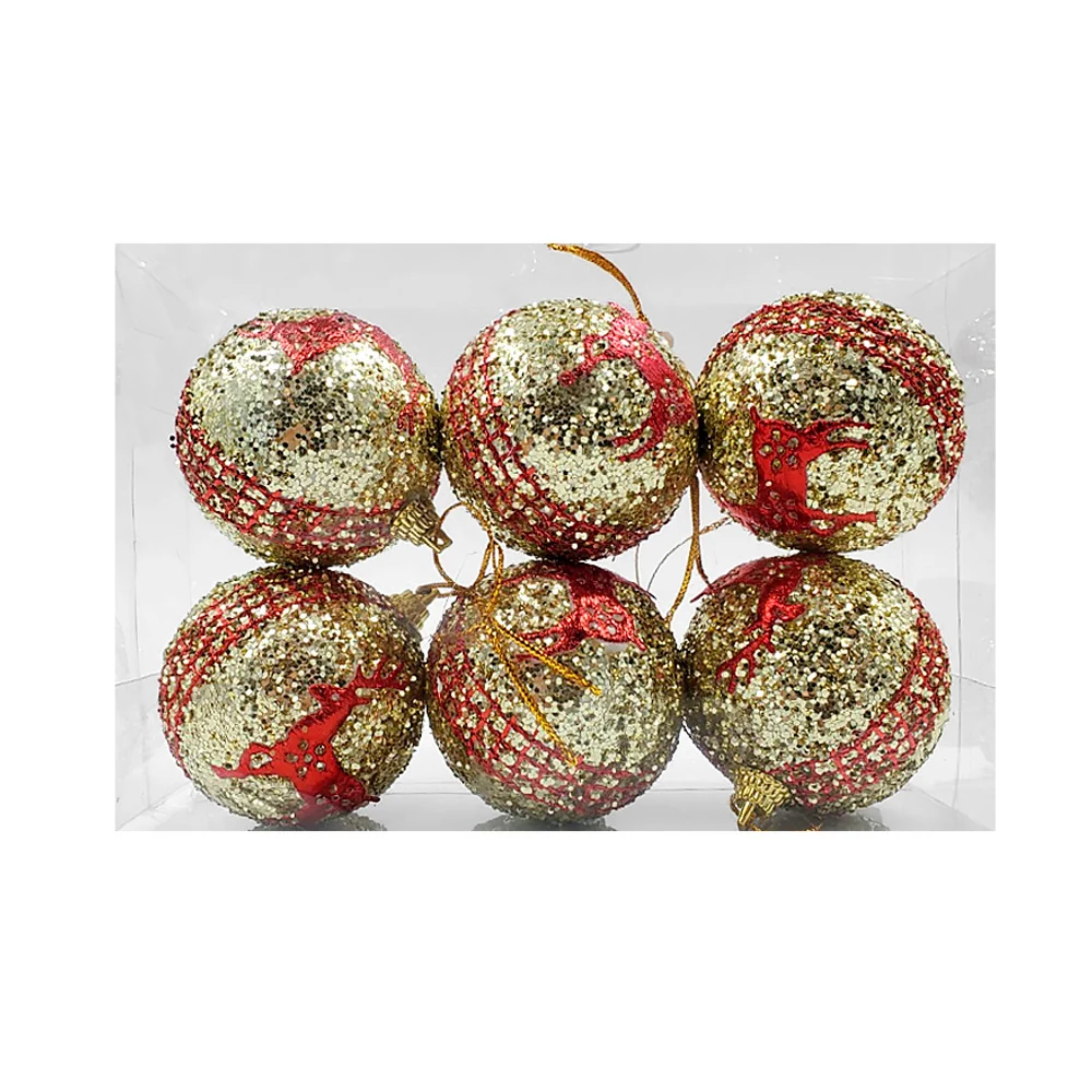 Paquete de 6 esferas navideñas con diamantina y estampado de renos, variedad de colores / sh1663