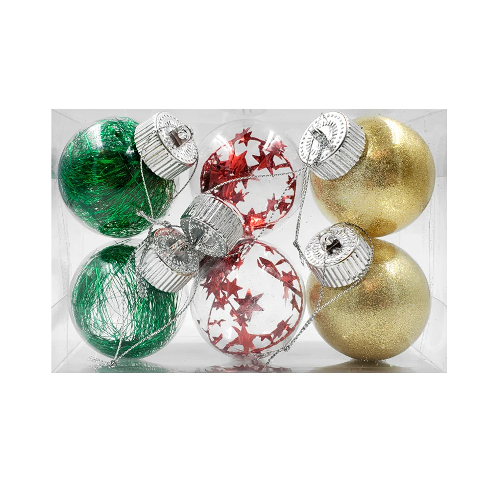 Paquete de 6 esferas navideñas transparentes con escarcha de filamentos metálicos y bolitas encapsuladas, variedad de colores y modelos / sh1675