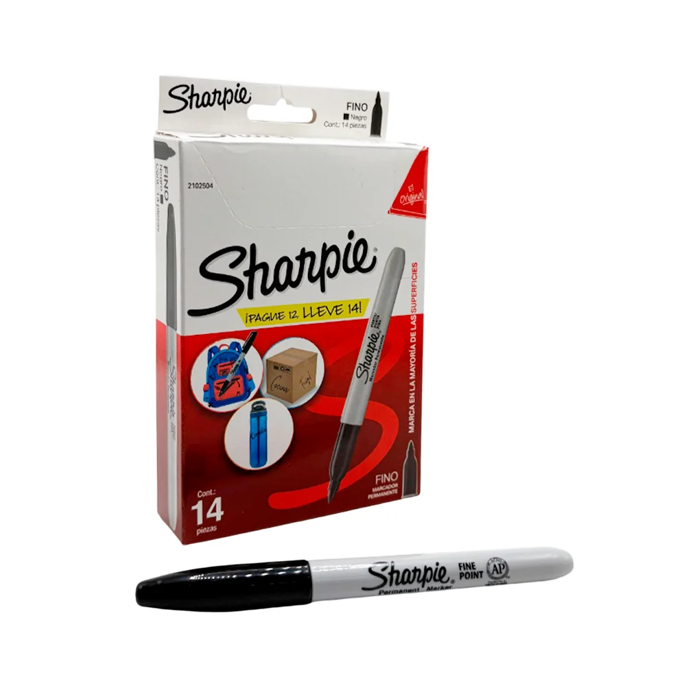 Caja con 14 marcadores permanentes sharpie de color negro y punta fina