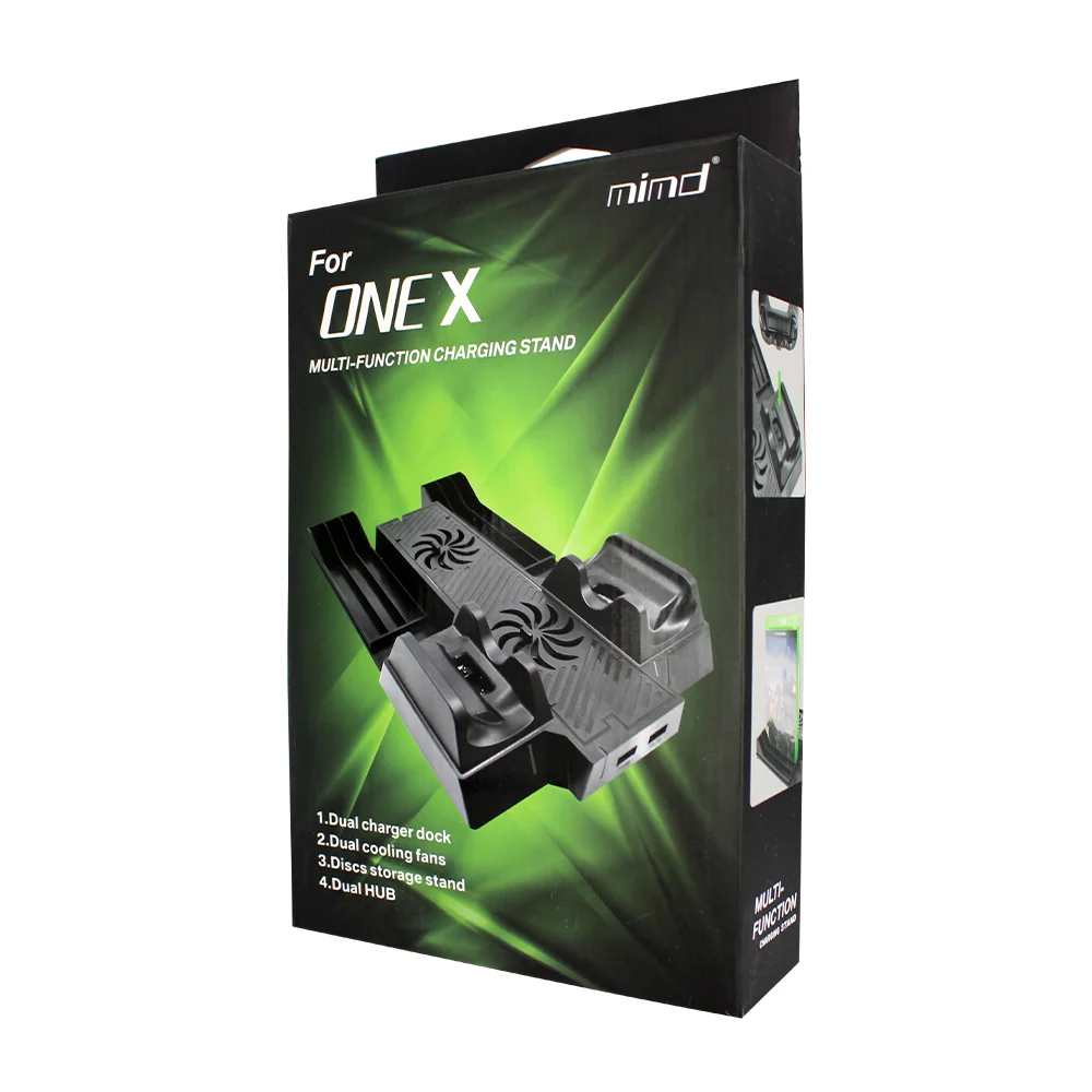 Base enfriadora multifuncional para Xbox one x con 2 cargadores de control y organizador para 6 juegos / one x multi-function charging stand / mimd / snd-398