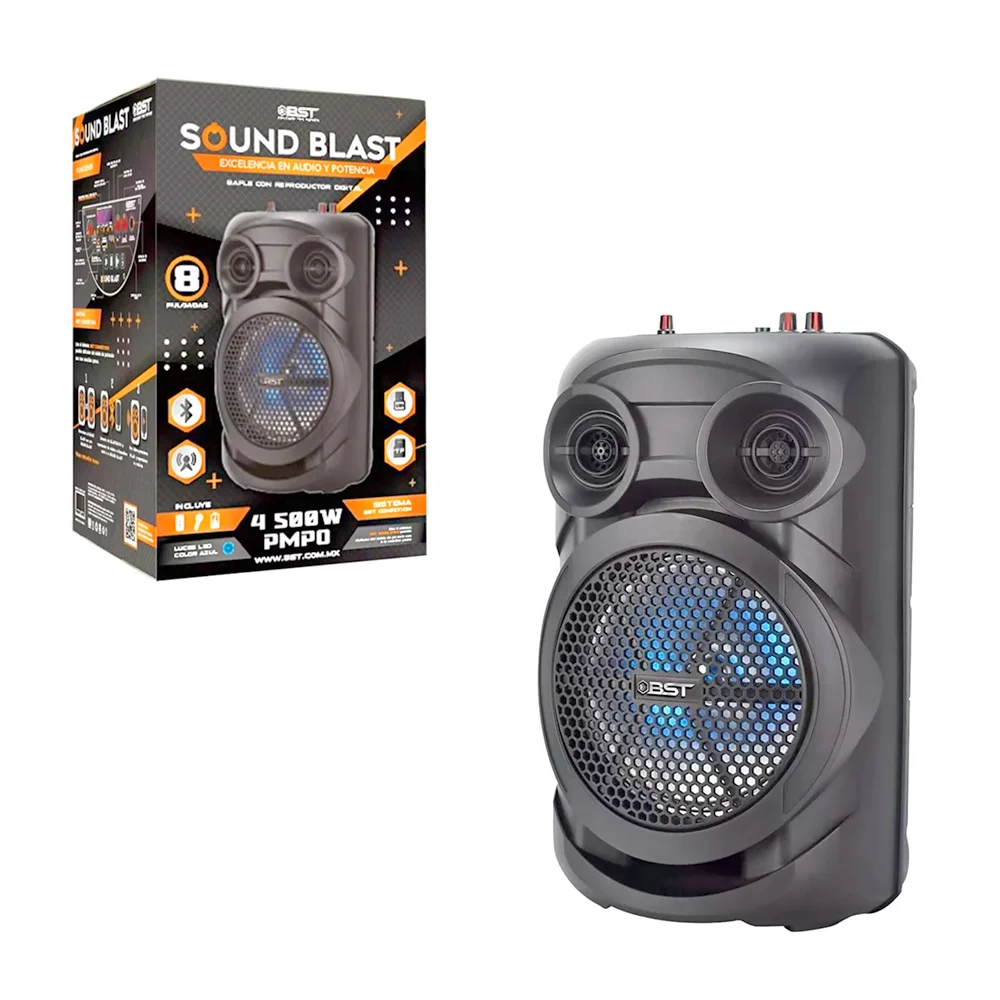 Bafle / bocina bst bluetooh de 8 pulgadas con luces led, ranuras para sd y usb + micrófono / sound blast