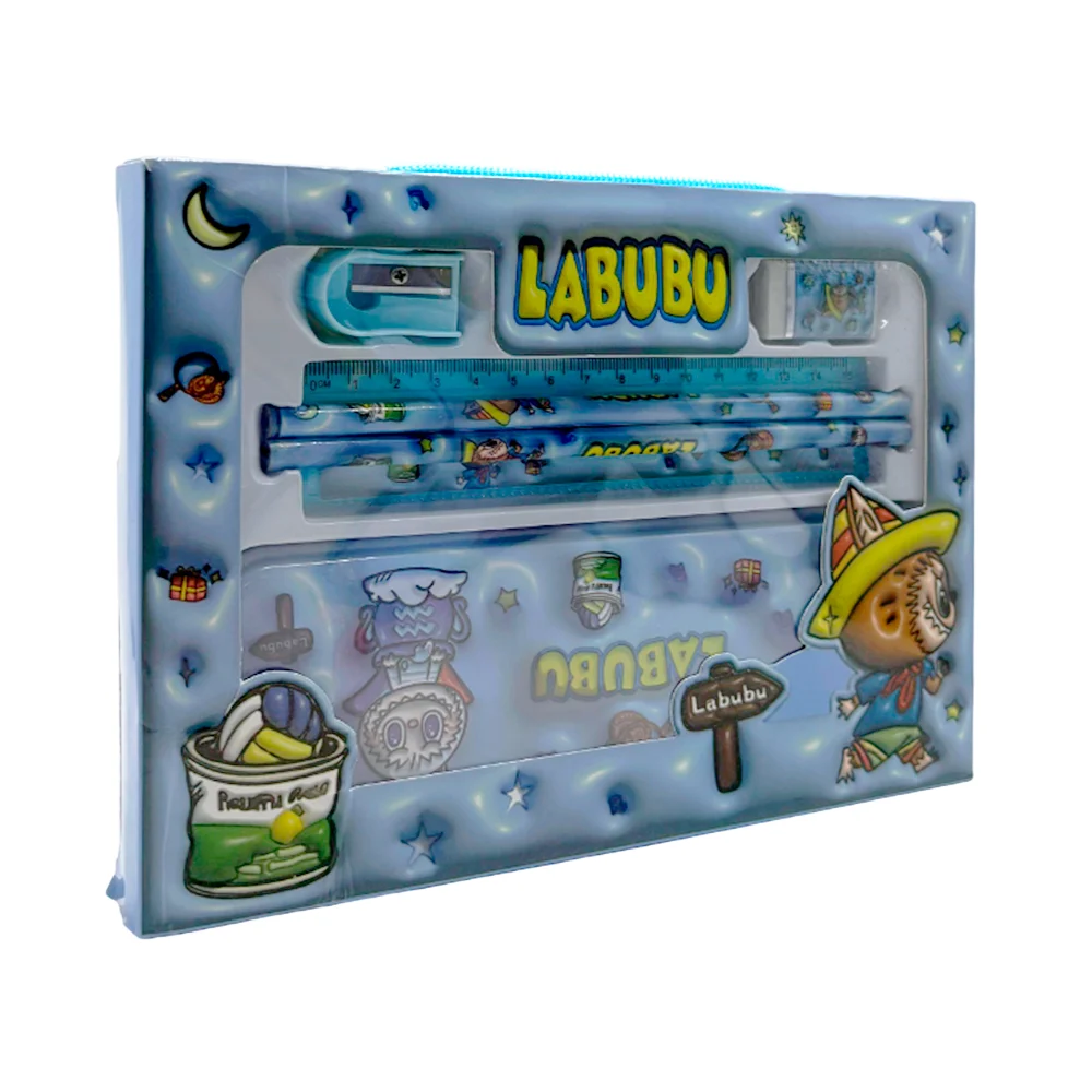 Kit de papelería con estuche metálico, 2 lápices, regla, borrador y sacapuntas + estampado de labubu / sp-107