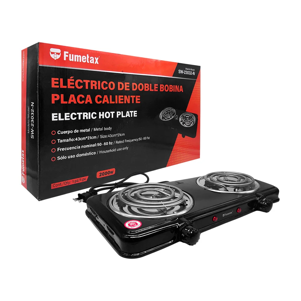Parrilla eléctrica fumetax metálica color negra de 43x21cm con doble resistencia, 2000w / sw-23032-n