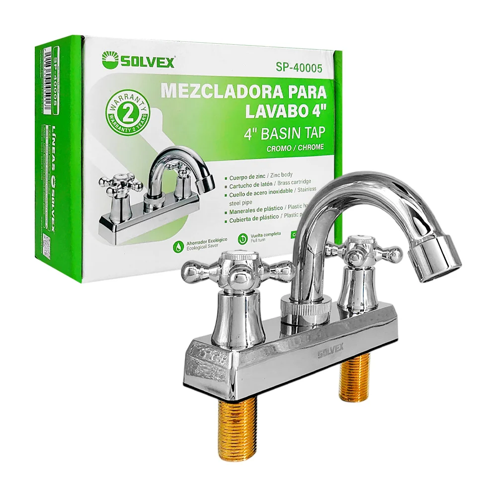 Llave mezcladora solvex de 4 pulgadas con manerales de plástico y cuello de acero inoxidable para lavabo / sp-40005