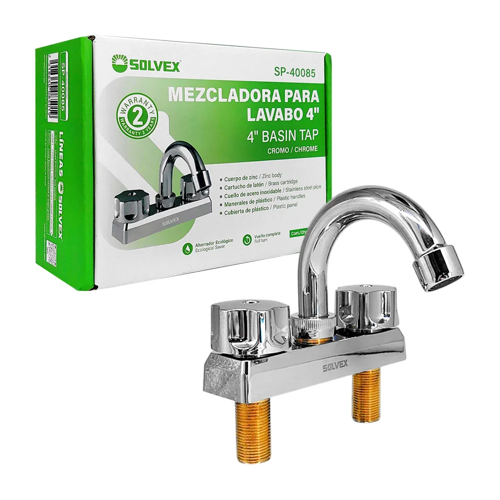 Llave mezcladora solvex de 4 pulgadas con cuello de acero inoxidable para lavabo / sp-40085
