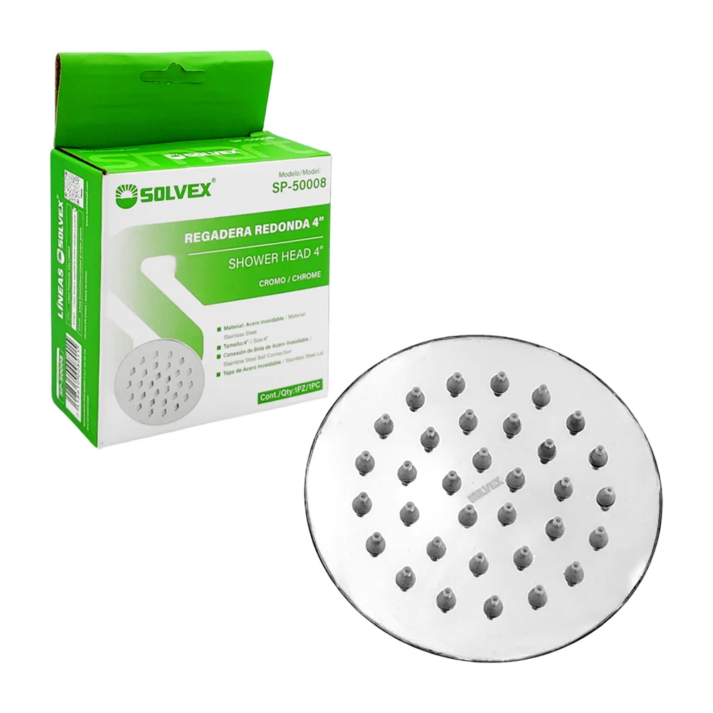 Regadera redonda solvex en tono cromado de 4 pulgadas con conexión de de bola y tapa de acero inoxidable / sp-50008