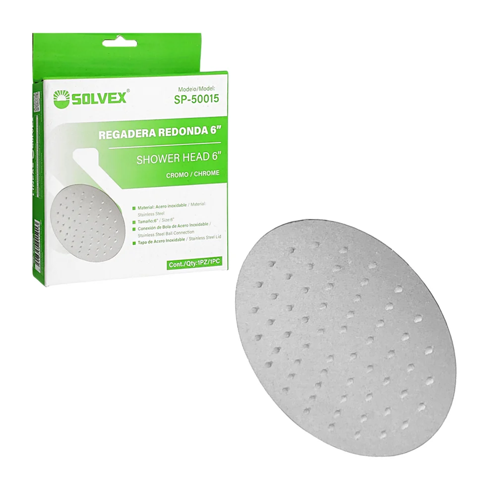 Regadera redonda solvex en tono cromado de 6 pulgadas con conexión de bola y tapa de acero inoxidable / sp-50015