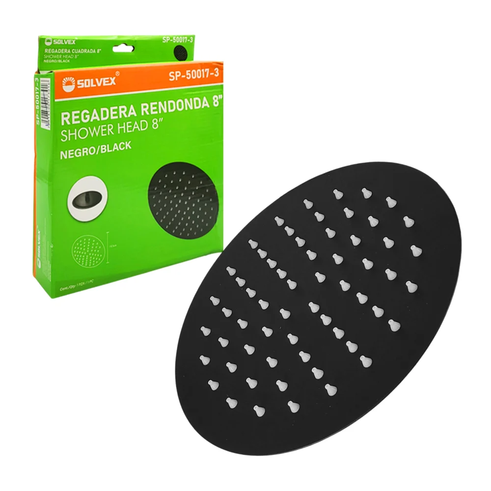 Regadera redonda solvex color negra de 8 pulgadas con conexión y tapa de acero inoxidable / sp-50017-3