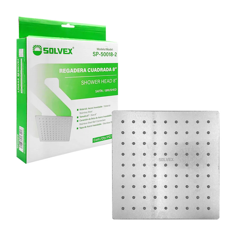 Regadera cuadrada solvex de 8 pulgadas con conexión y tapa de acero inoxidable / sp-50018-2