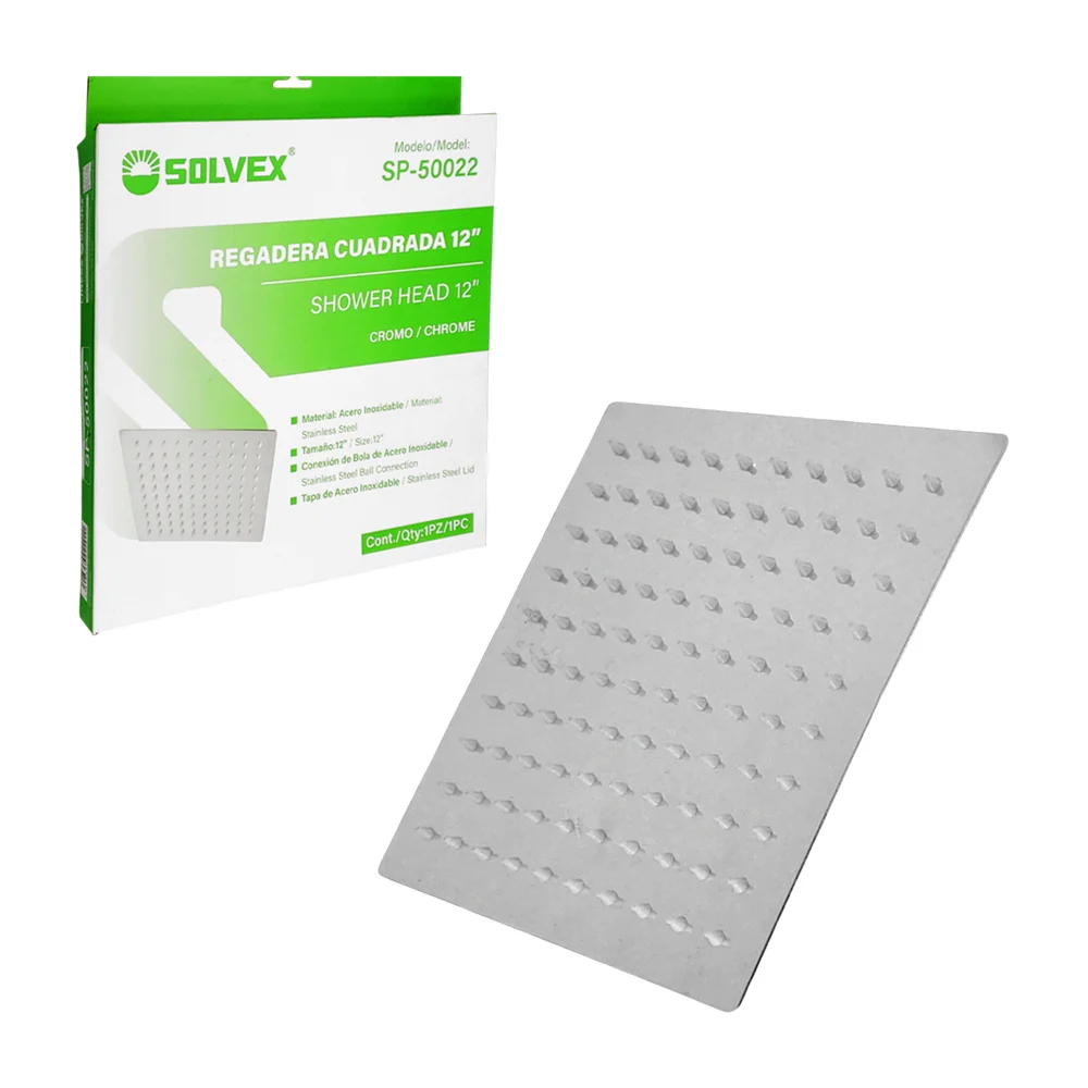 Regadera cuadrada solvex en tono cromado de 12 pulgadas con conexión de bola y tapa de acero inoxidable / sp-50022