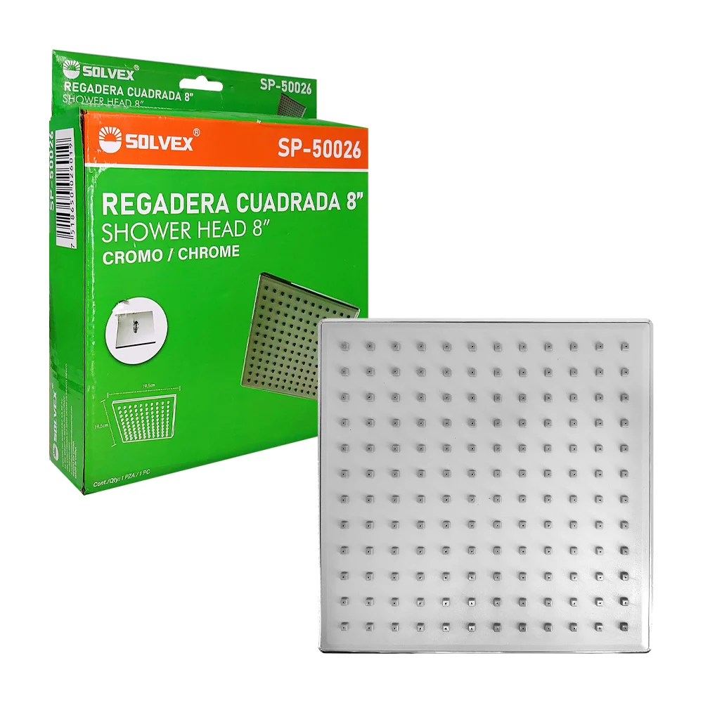 Regadera cuadrada solvex de 8 pulgadas con conexión y tapa de plástico / sp-50026