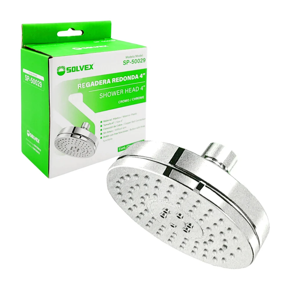Regadera redonda solvex en tono cromado de 4 pulgadas con conexión de cobre y botón con 3 funciones / sp-50029