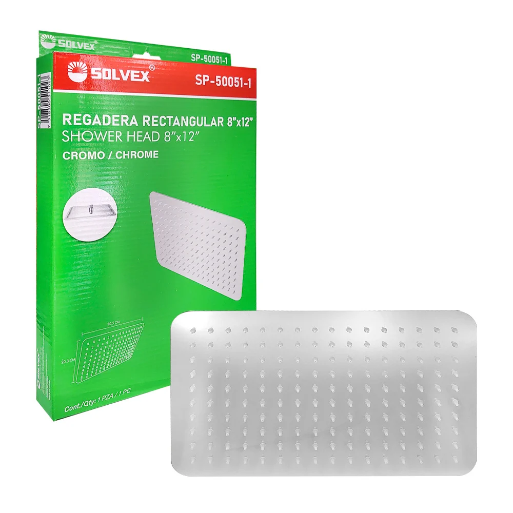 Regadera rectangular solvex de 8x12 pulgadas con conexión de bola y tapa de acero inoxidable / sp-50051-1
