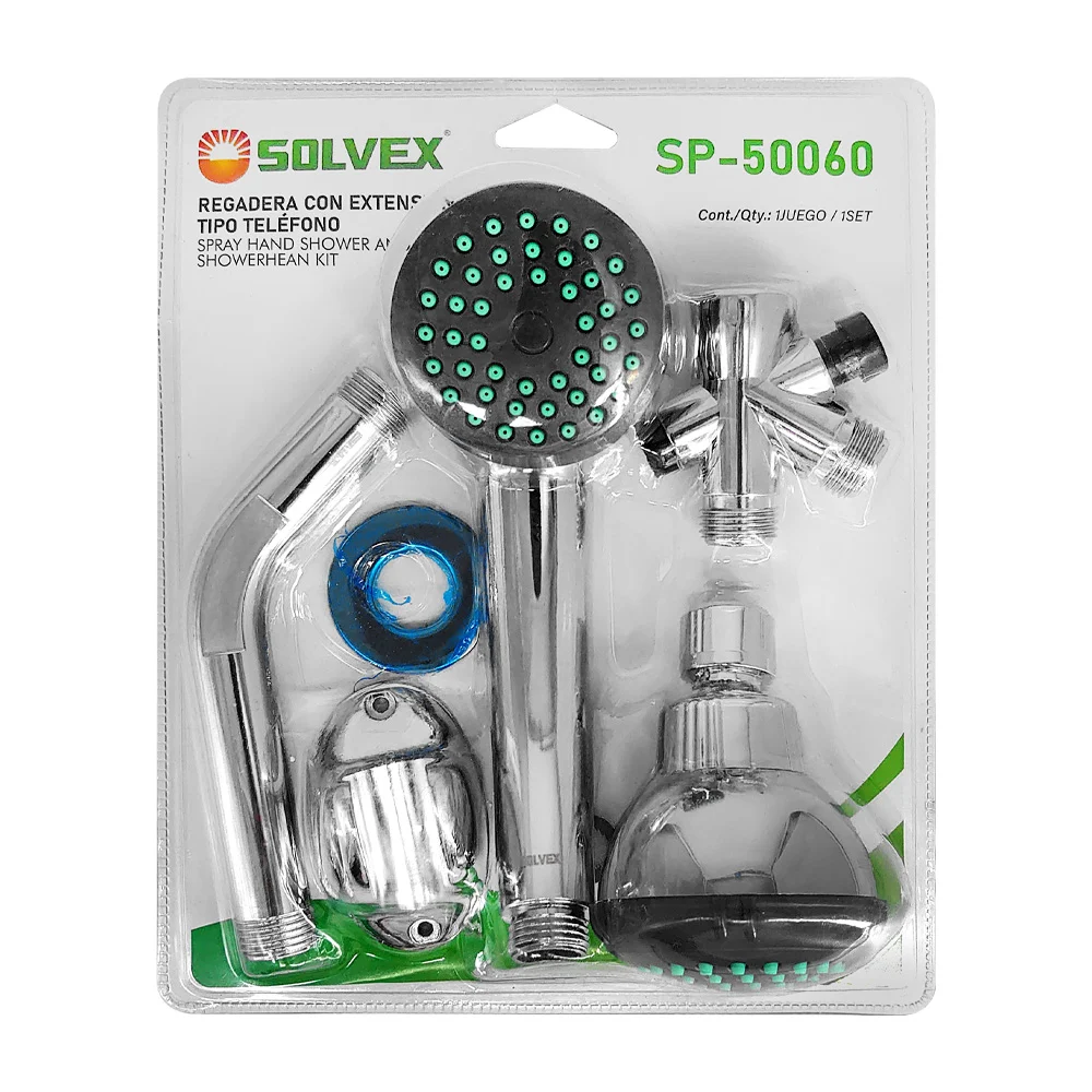 Set 2 regaderas solvex con extensión tipo teléfono manguera flexible de acero inoxidable y accesorios / sp-50060