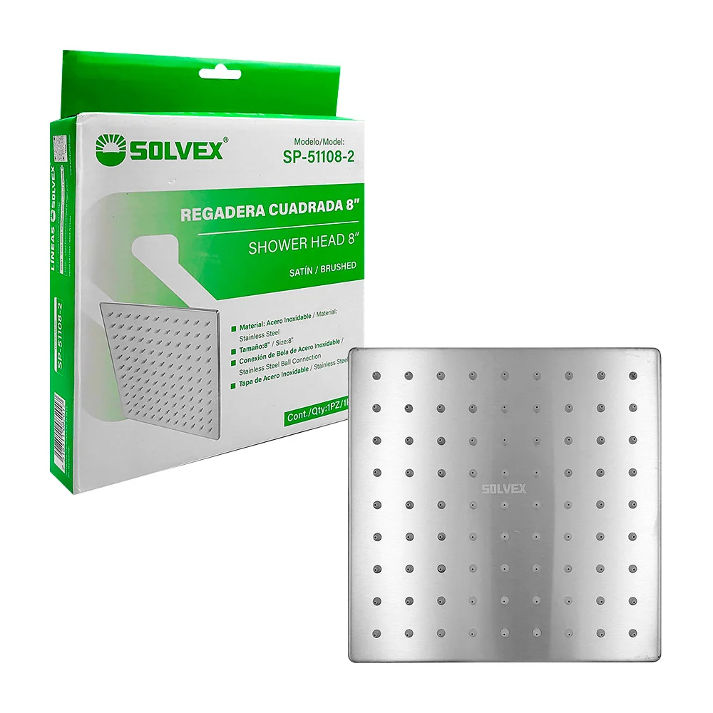 Regadera cuadrada solvex de 8 pulgadas de acero inoxidable / sp-51108-2