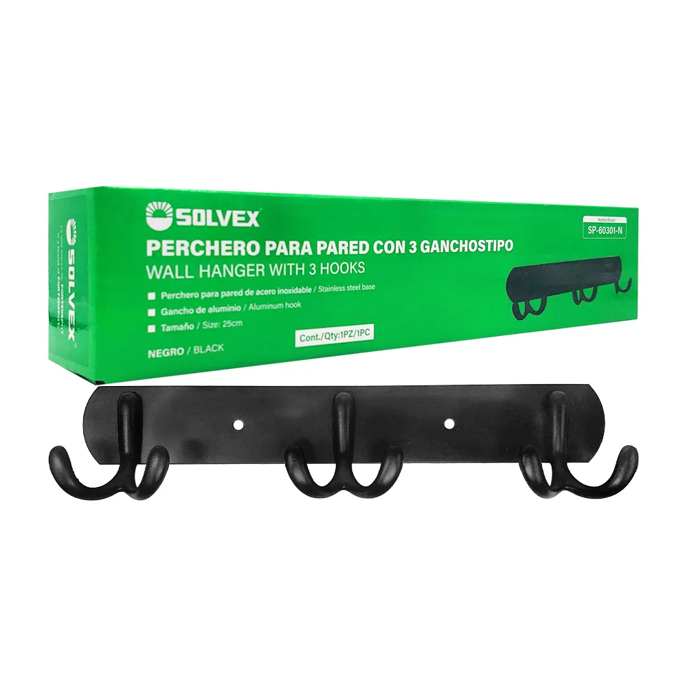Perchero solvex de acero inoxidable con 3 ganchos de aluminio para pared, 25cm / sp-60301-n