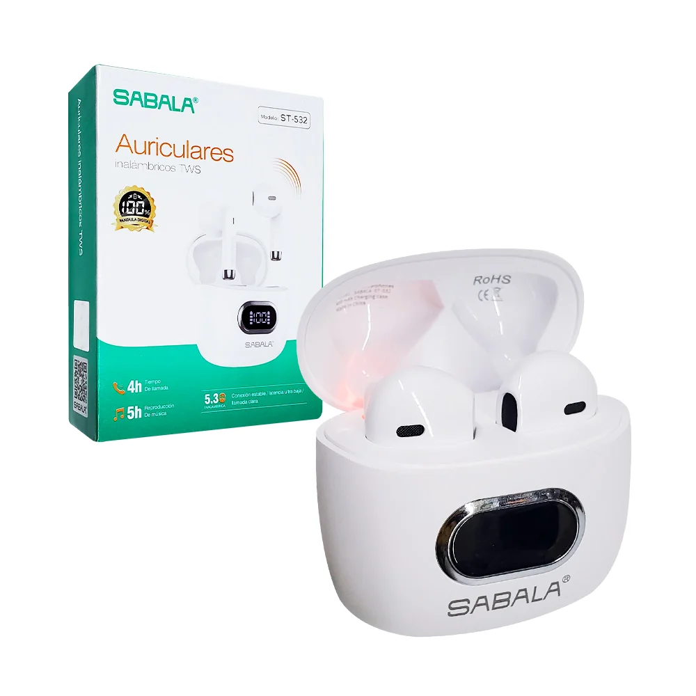 Audífonos inalámbricos sabala tipo earphones con estuche cargador y pantalla digital, variedad de colores / st-532