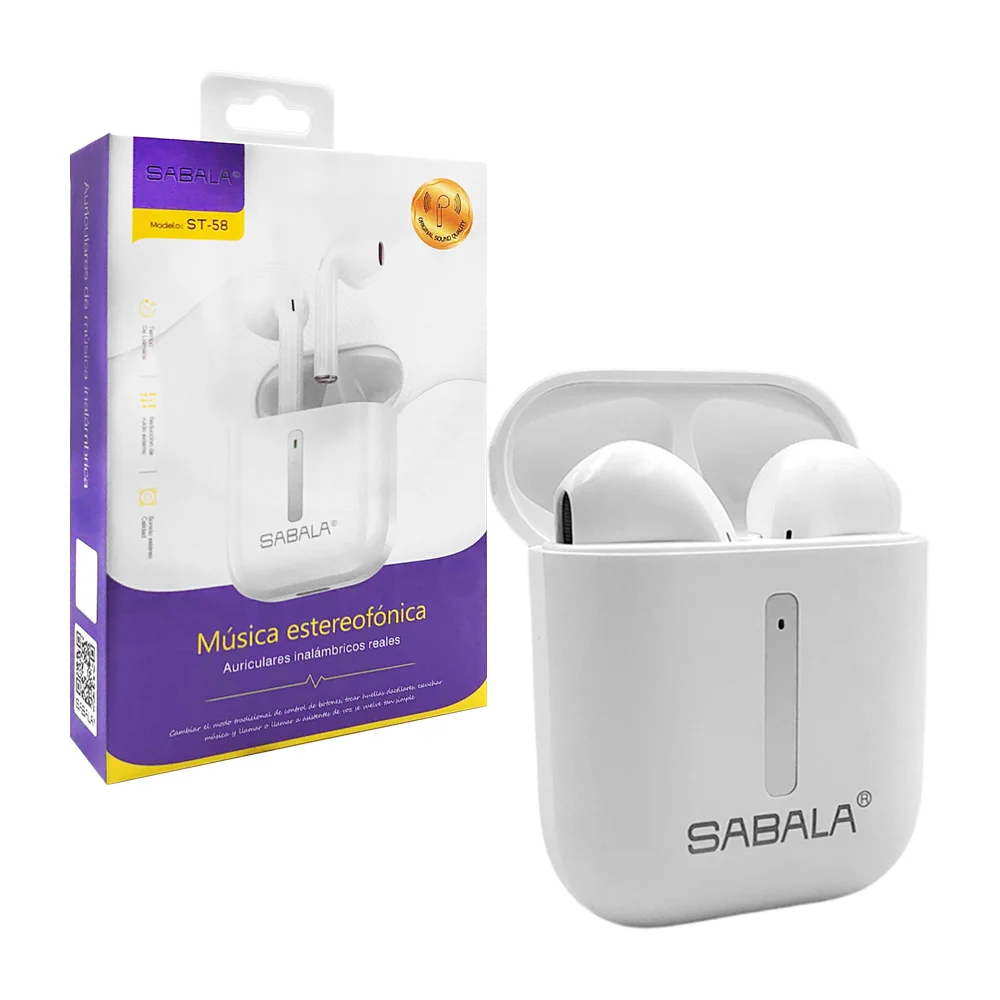 Audífonos blancos sabala inalámbricos bluetooth con control táctil y estuche de carga / st-58