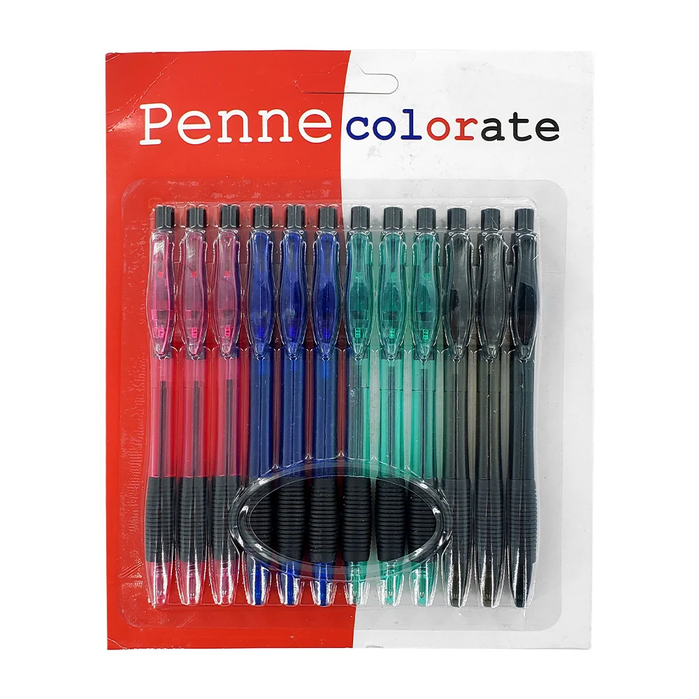 Blíster con 12 plumas bolígrafos retráctiles de colores / penne colorate / st37522