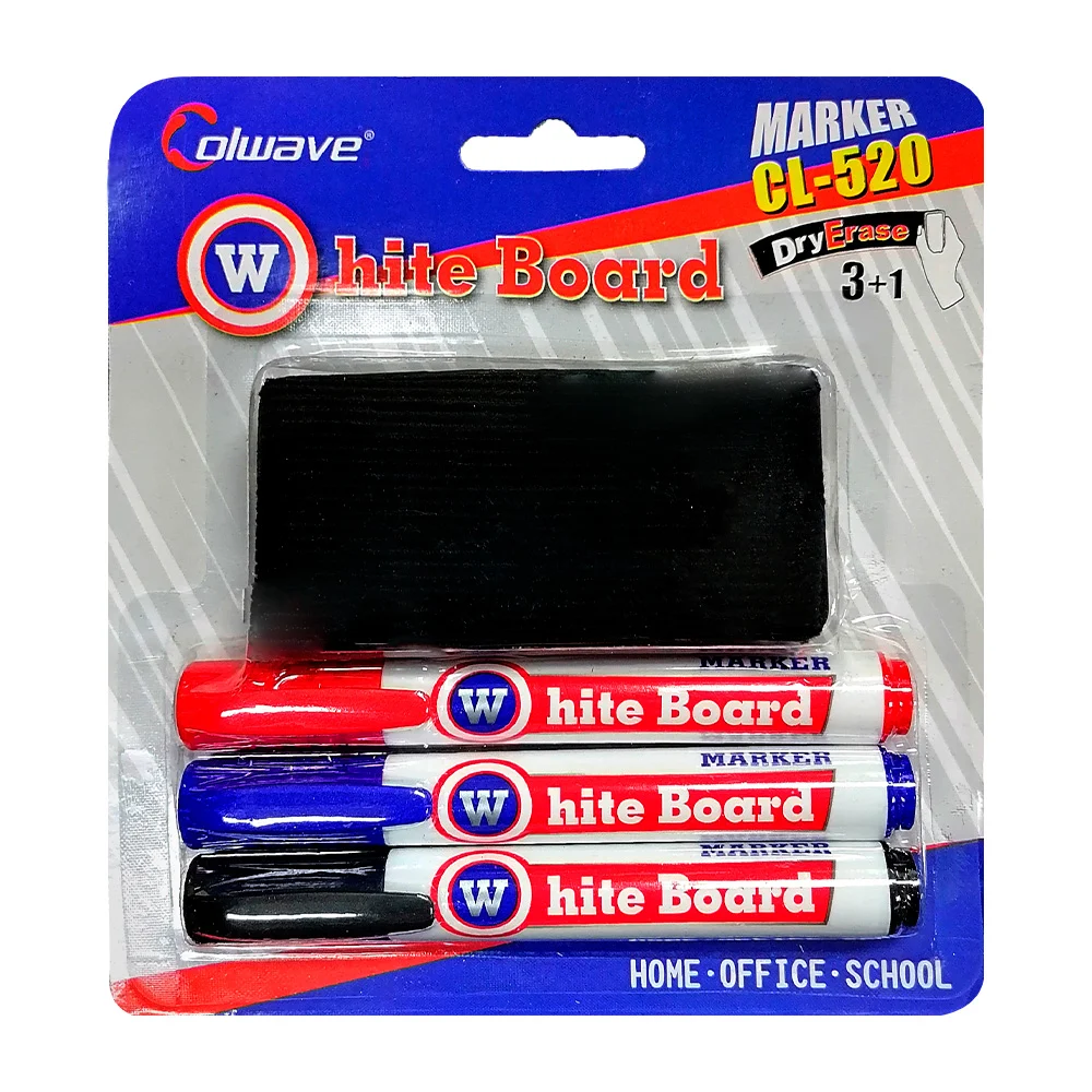Paquete de 3 marcadores y un borrador para pizarrón / cl-520 / white board / colwave
