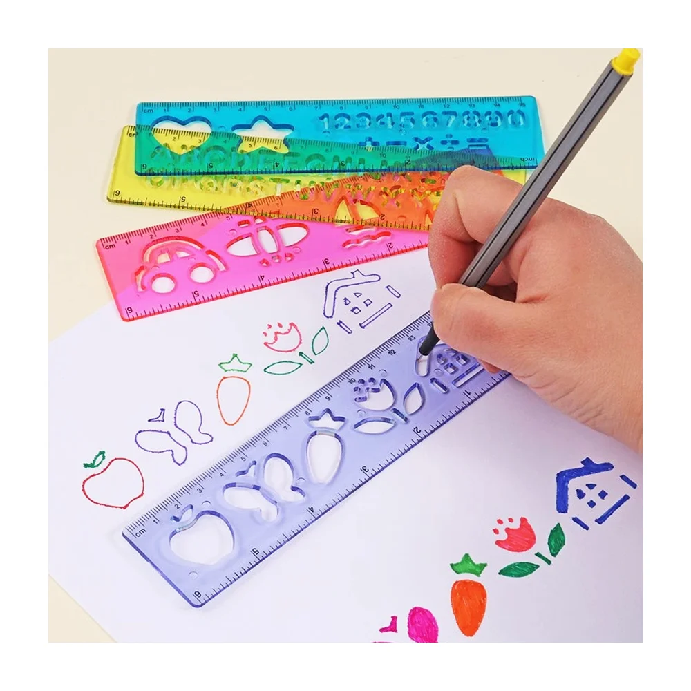 Blíster de 4 reglas plásticas con diseño de letras, números y figuras 15cm, variedad de colores / stationery