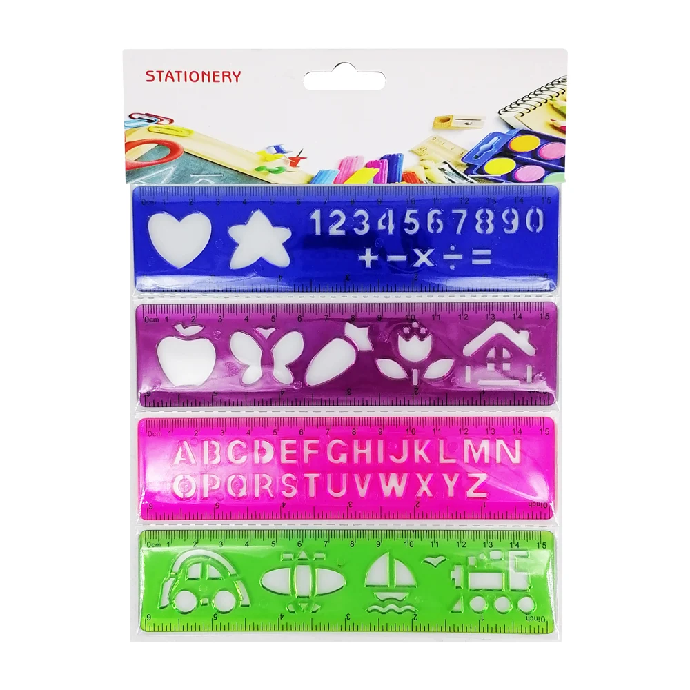Blíster de 4 reglas plásticas con diseño de letras, números y figuras 15cm, variedad de colores / stationery