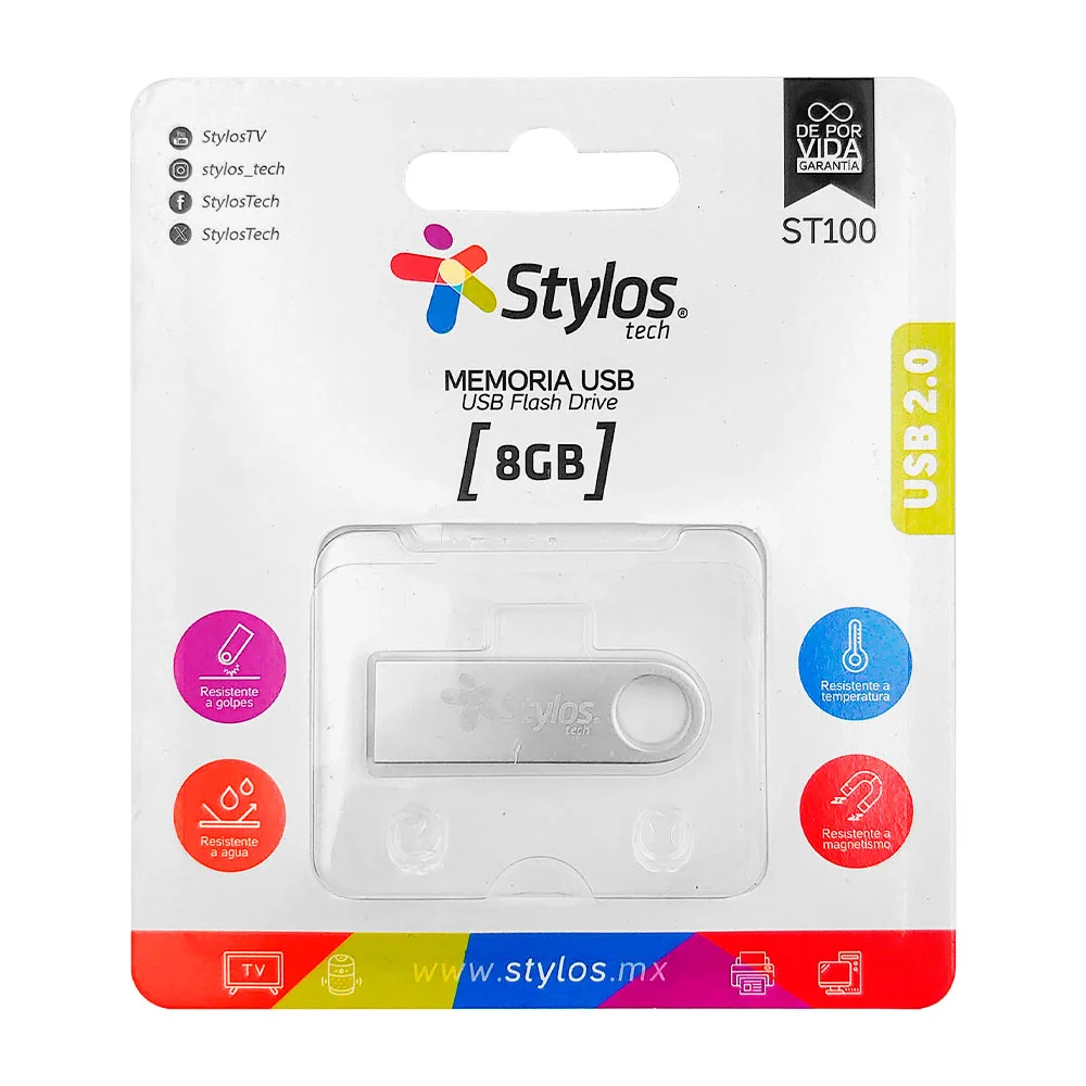 Memoria usb stylos metálica de 8gb con diseño liso y hoyuelo para colgar, variedad de usos / st100