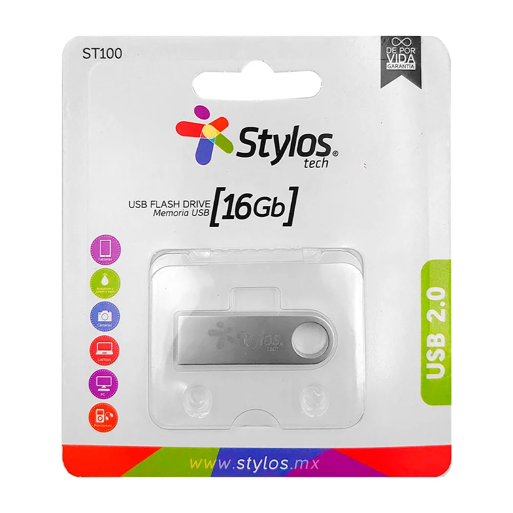 Memoria usb stylos metálica de 16gb con diseño liso y hoyuelo para colgar, variedad de usos / st-500 / stmus516b