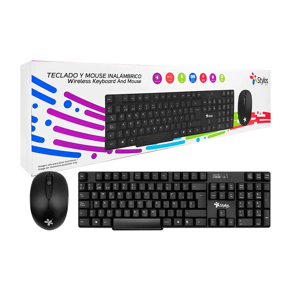 Kit stylos de teclado formato completo en español y ratón inalámbrico de 2 botones, variedad de usos / stpktm3b