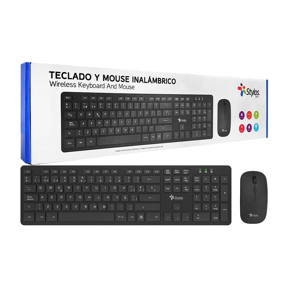 Kit teclado y mouse inalámbrico stylos con 105 teclas, diseño ergonómico, idioma español, conexión usb y en color negro / stpktm5b