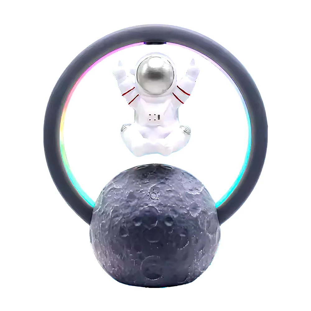 Bocina bluetooth recargable en forma de luna con aro de luz rgb y figura flotante de astronauta, 21x17cm / y-598