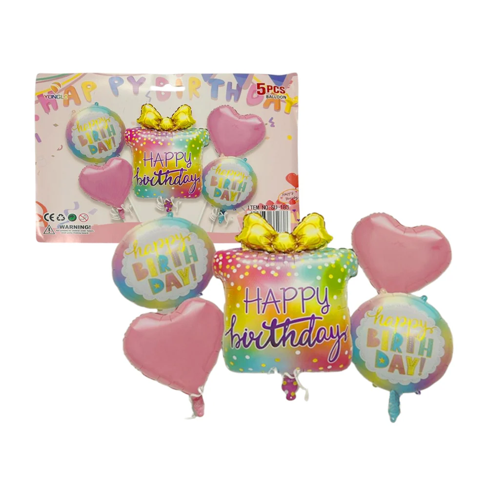 Paquete de 5 globos metálicos con diseño de regalo - happy birthday y corazones / su-183