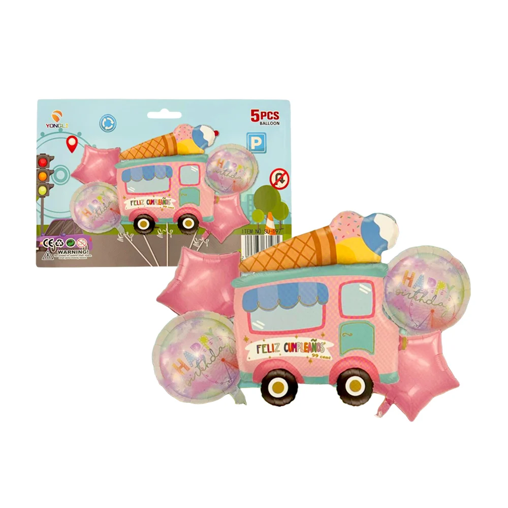 Paquete de 5 globos metálicos con diseño de camión de helados - happy birthday / su-197