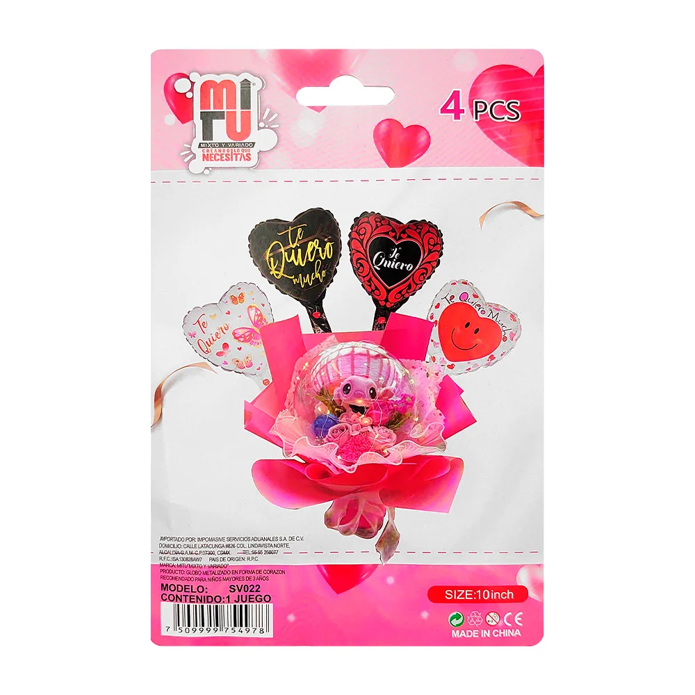 Paquete con 4 globos metálicos de 10 pulgadas con forma de corazón con frase te quiero, variedad de modelos / sv022